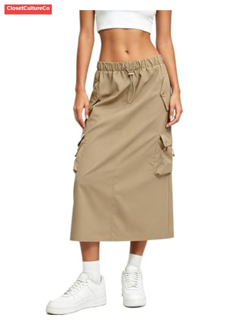 Women Cargo Skirt Midi High Rise Drawstring Quick Dry Utility